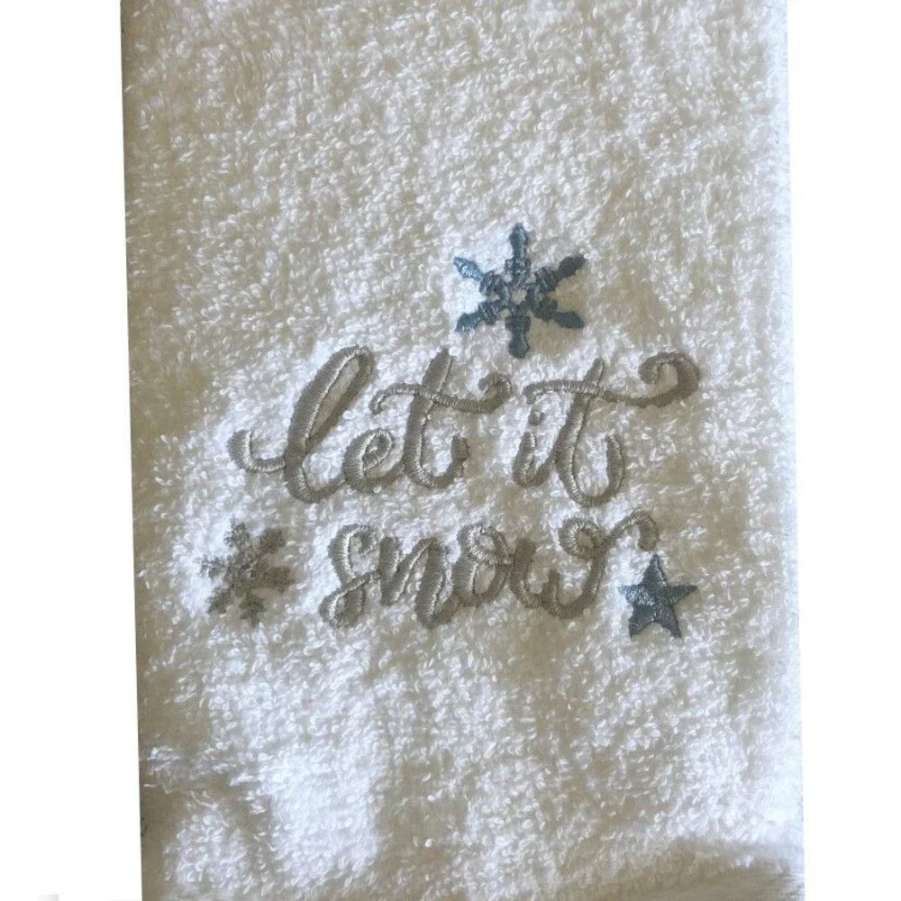 Christmas Hand Towels Set of 2 Snowflake Embroidered Cotton Let It Snow 16x26